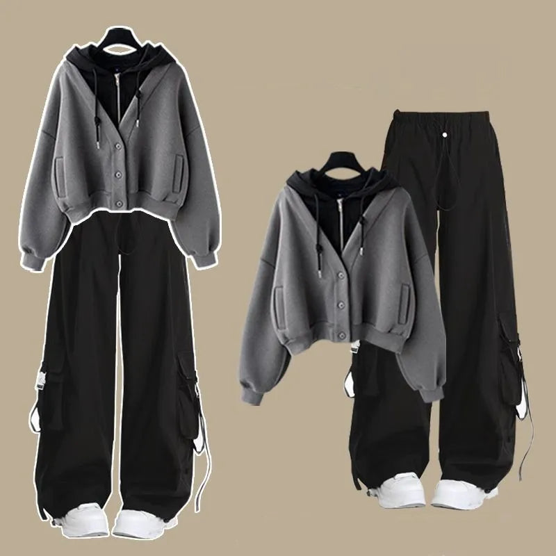 2026 Girl Spring Autumn New Casual Tracksuit Matching Set Korean Elegant Fake Two-piece Hooded Sweatshirt+Loose Cargo Pants Suit