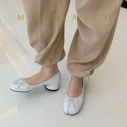 NEW Split Toe Tabi Shoes Size 43 Genuine Leather White Ballet Flats Women Low Heel Mary Janes Pumps Ballerinas Zapatos Mujer