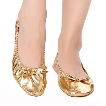 Professional Bowknot Belly Dancing Shoes Golden Leather Foldable Ballet Flats Round Toe Foldable Ballerina Flats Girls