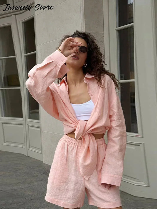 Casual Cotton Linen Pants Suit Women Solid Cozy Lapel Single Breasted Shirt Elastic Waist Wide Leg Pant 2026 Summer Loose Outfit