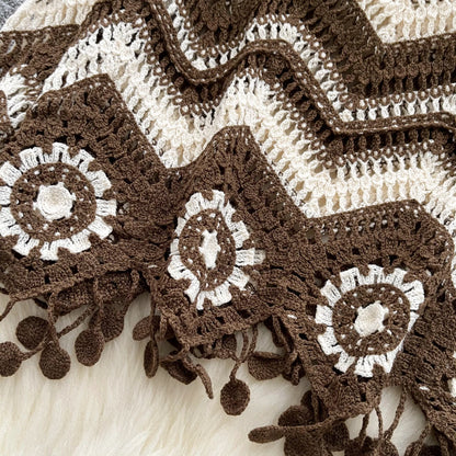 Zig Zag Crochet Sweater Tassel Details Long Sleeve Open-stitch Knit Top Pullover for Women Teen-girl Boho Vacation Outfit