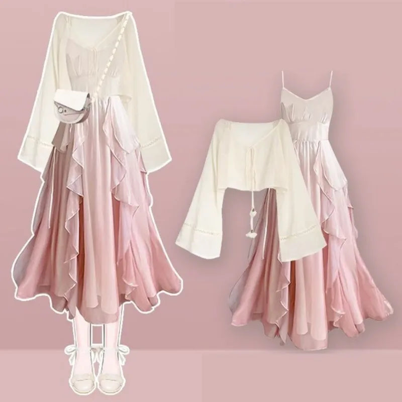 Women's Summer New Elegant Chiffon Sunscreen Shirt+Strap Skirt Two piece Suit 2026 Lady Korean Fashion Sexy Dress Matching Set