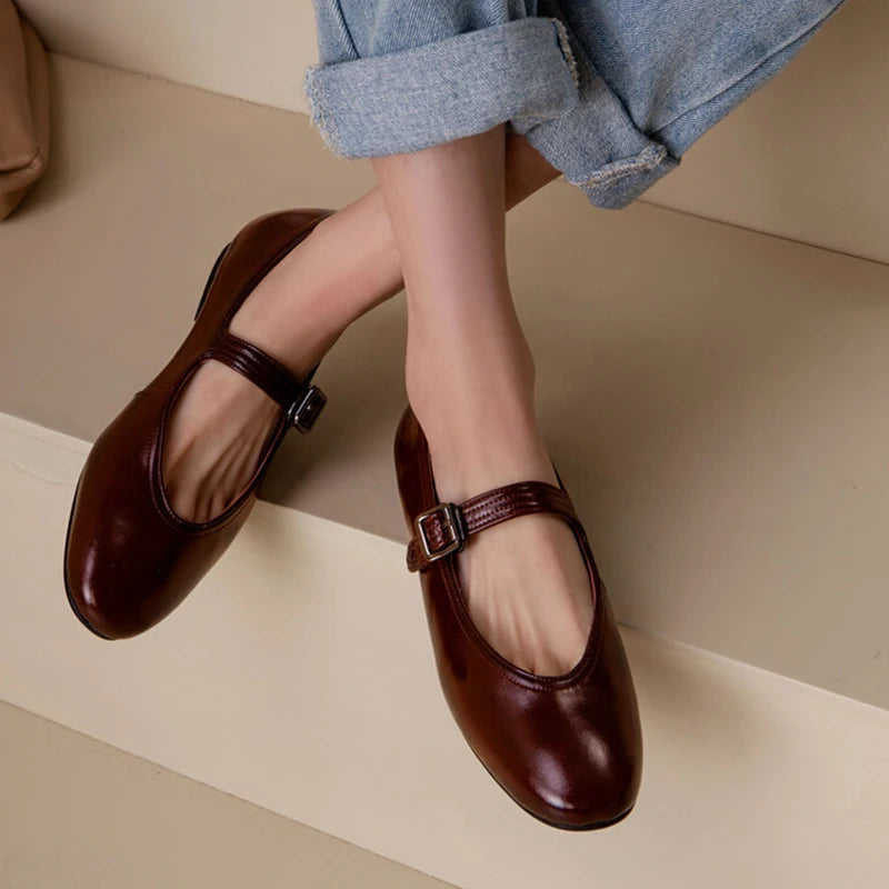 JOZHAMTA Size 33-42 Women Ballet Flats Shoes Real Leather Buckle Strap Casual Loafers Low Heels Luxury Mary Janes Office Lady