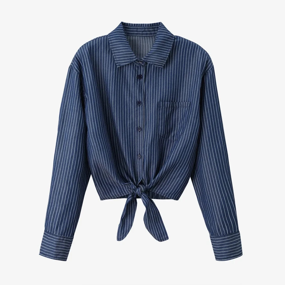 AS  SS26 Lyocell light Denim pinstripe wrap shirt + dress matching set fashionable vitality women's outfit
