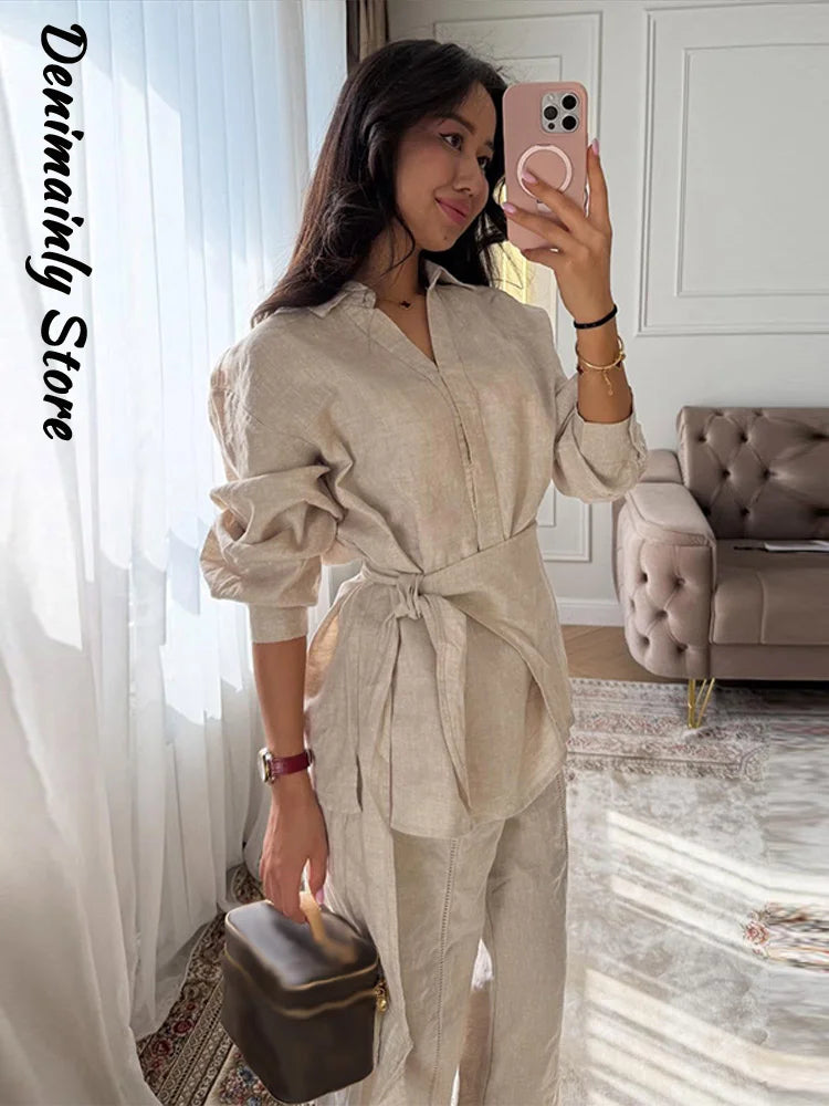 Casual Women's Linen Pants Set 2 Pieces Loose Lace Up Lapel Buttons Shirt Wide Leg Pant 2026 Spring Summer Lady Holiday Suits