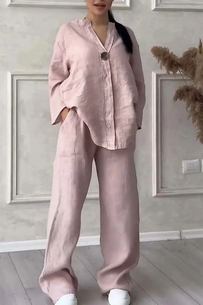 Women's Cotton and Linen Pants Suit Casual Solid Pullover Pants 2-piece Set White Pink Simple Wide Leg Pants Two Piece Set Suits