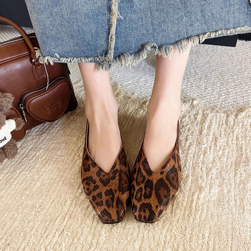 Big Size 35-43Snake Pattern Leather Woman Square Toe Shallow Ballet Flats Wowen Ballerinas Daily Slip on Loafers Mocasines Mujer