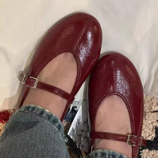 Round Toe Belt Buckle Flat Designer Shoes Woman Soft Leather Ballet Flats Women Light Comfortable Women Loafers Red Ballerinas