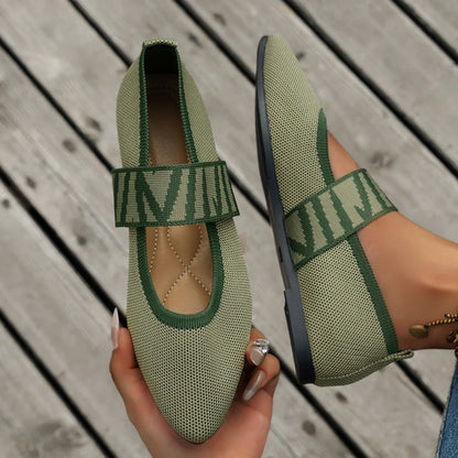 Knitted Color-block Women's Flat Shoes Dressy Ballet Flats Casual Striped Straps  Pointed Toe Loafers Female