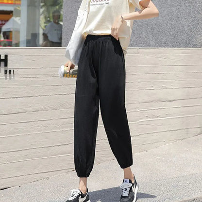 Women Casual Loose Cozy Harem Pants for 2026 New Summer Elastic Waist Beach Linen Pants Solid Color All-match Lantern Trousers