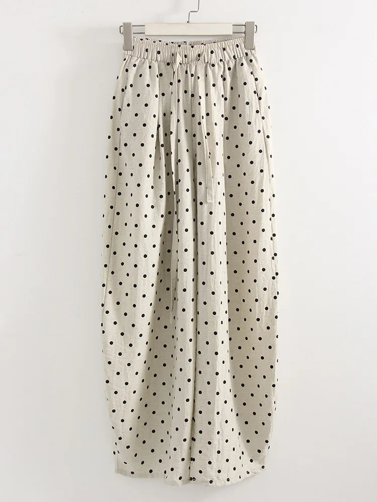 Black Polka Dot Linen Pants Women Wide Leg Summer Trousers Baggy For Ladies White Oversize Cotton Linen Pants Woman Wide