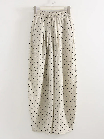 Black Polka Dot Linen Pants Women Wide Leg Summer Trousers Baggy For Ladies White Oversize Cotton Linen Pants Woman Wide