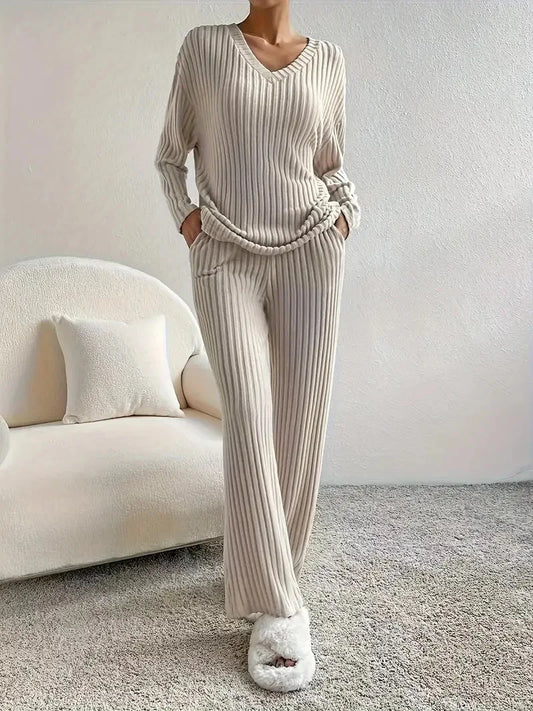 Autumn Winter 2 Pieces Sweater V-neck Ribbed Knit Tops and Trousers Matching Set Women Homewear Casual Outfits