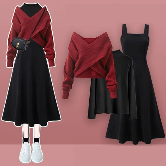 2026 Female Elegant Winter New Cross Knitted Sweater+Bottom Shirt+Black Strap Dress 3-Piece Suit Women Chic Hoodie Matching Set