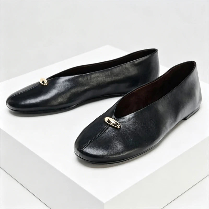 Luxury Metal Buckle Decoration Ballet Flats Women Green Leather Ballet Sneakers Light Soft Sole Comfortable Loafers for Ladies