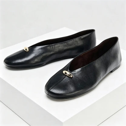 Luxury Metal Buckle Decoration Ballet Flats Women Green Leather Ballet Sneakers Light Soft Sole Comfortable Loafers for Ladies