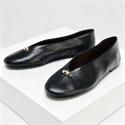 Luxury Metal Buckle Decoration Ballet Flats Women Green Leather Ballet Sneakers Light Soft Sole Comfortable Loafers for Ladies