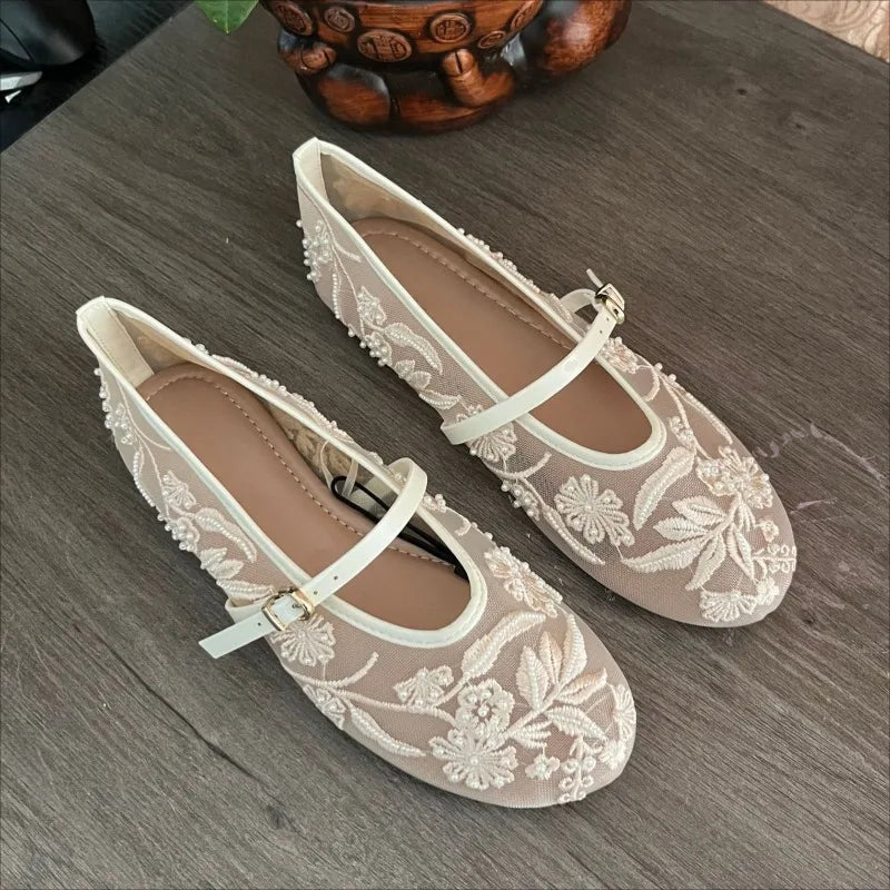 Women's Ballet Flats Ballerina Shoes 2025 Summer New White Mary Jane Comfortable Embroidered Mesh Buckle Strap Elegant