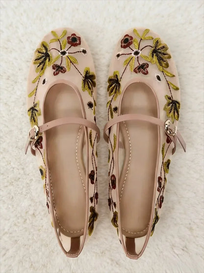 New Mesh Breathable Ballet Flats Women Luxury Designer Embroidered Flower Mary Jane Shoes Light Comfort Low Heeled Summer Flats