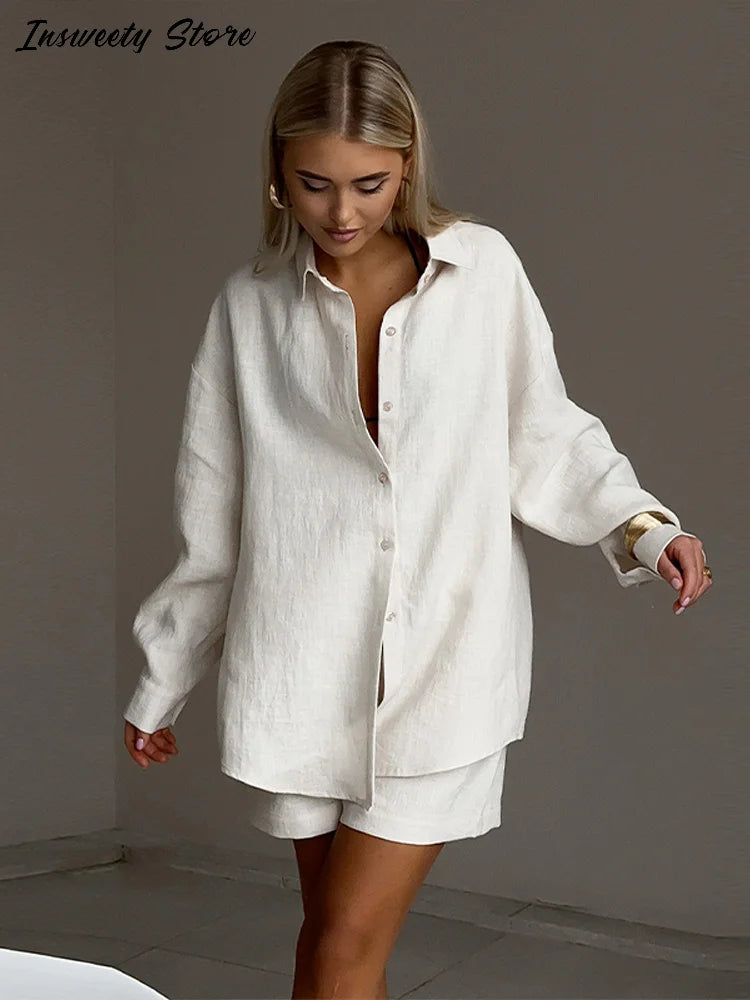 Casual Cotton Linen Pants Suit Women Solid Cozy Lapel Single Breasted Shirt Elastic Waist Wide Leg Pant 2026 Summer Loose Outfit