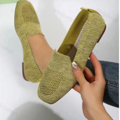 2024 Solid Color Square Toe Mesh Loafers Shallow Women Flats Shoes Soft Bottom Knit Ballet Flats Shoes Casual Slip on Boat Shoes