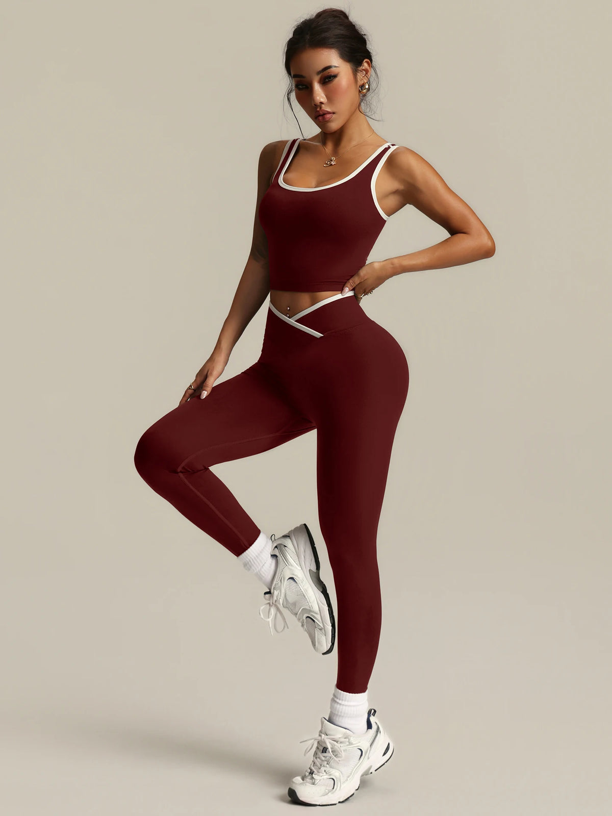 2 Piece Yoga Set Women Crossover V Waist Leggings Contrast Trim Sports Bra Gym Workout Matching Set Fitness Activewear Suit