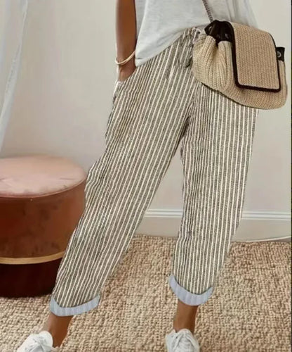 Women's Casual Striped Cotton Linen Pants Elastic Waist Loose Fit Cropped Trousers with Pockets Summer Beach Pants