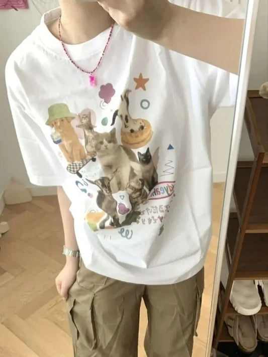 Retro Harajuku Fashion Women Shirt Cute Milk Cat Graphic T-Shirts Oversized Tee Y2k Aesthetic Female Tees Streetwear Tops