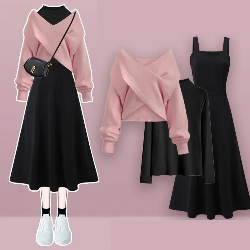 2026 Female Elegant Winter New Cross Knitted Sweater+Bottom Shirt+Black Strap Dress 3-Piece Suit Women Chic Hoodie Matching Set