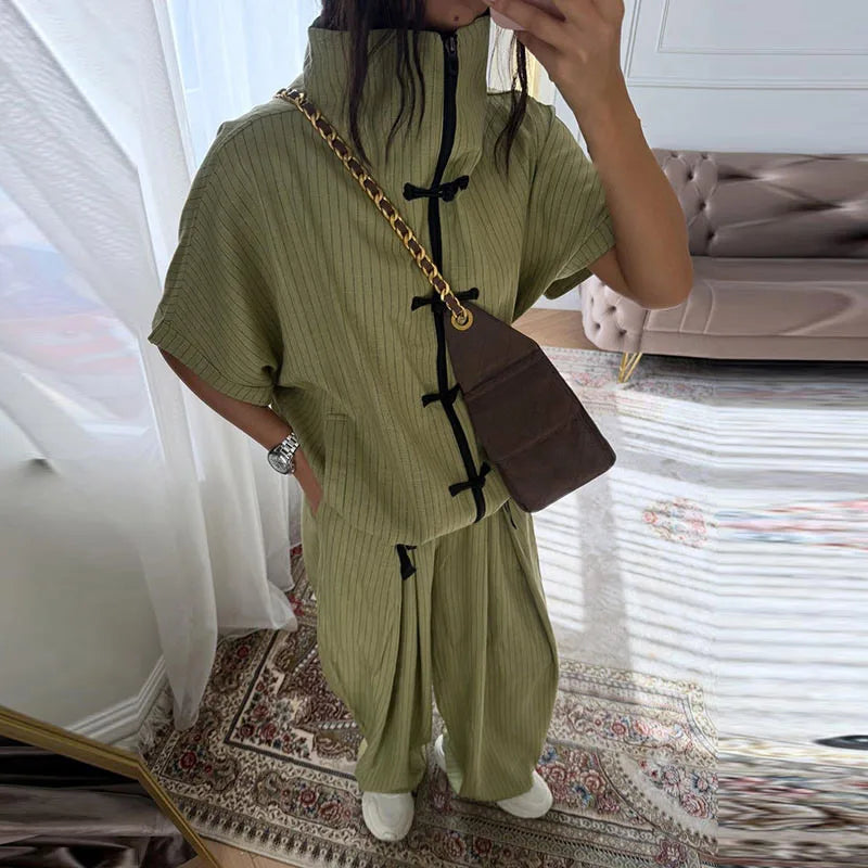 Casual Women's Linen Pants Set 2 Pieces Loose Lace Up Lapel Buttons Shirt Wide Leg Pant 2026 Spring Summer Lady Holiday Suits