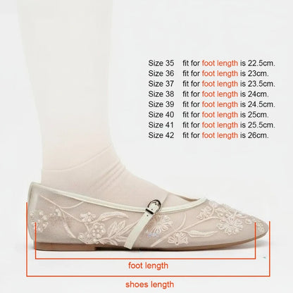 Women's Ballet Flats Ballerina Shoes 2025 Summer New White Mary Jane Comfortable Embroidered Mesh Buckle Strap Elegant