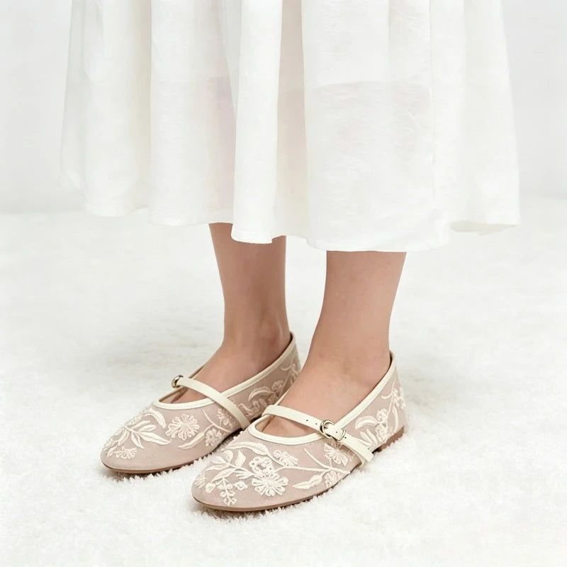 Mesh Embroidery String Bead Brand Women Ballet Flats Fashion Buckle Breathable Mary Jane Shoe Comfort Low Heel Soft Flat Sandals