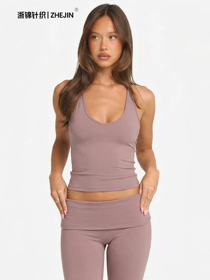 2 Piece Yoga Set Women Foldover Waist Flare Pants Bell Bottoms Tank Top Matching Set Gym Workout Fitness Wear Lounge Wear Suit