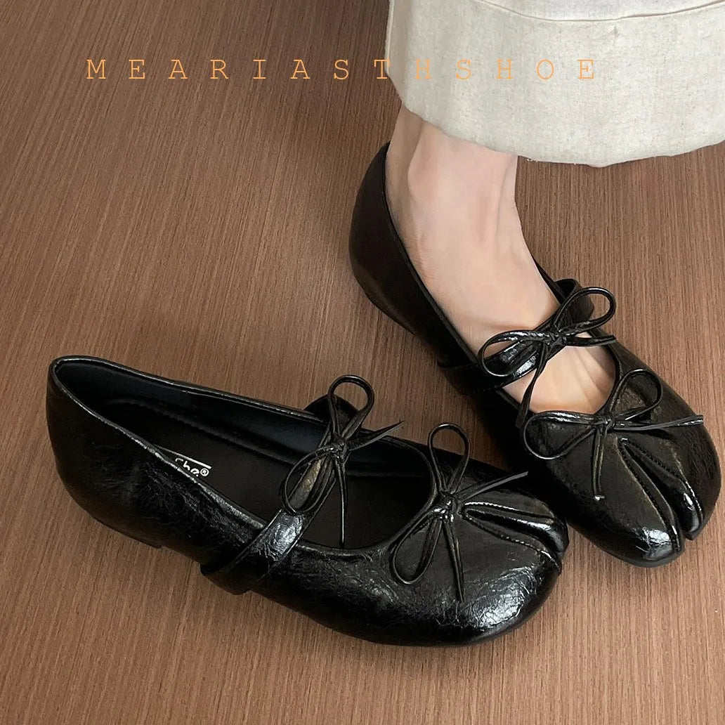 NEW Split Toe Tabi Shoes Size 43 Genuine Leather White Ballet Flats Women Low Heel Mary Janes Pumps Ballerinas Zapatos Mujer