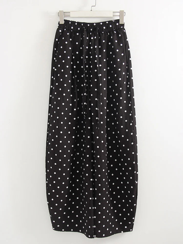 Black Polka Dot Linen Pants Women Wide Leg Summer Trousers Baggy For Ladies White Oversize Cotton Linen Pants Woman Wide
