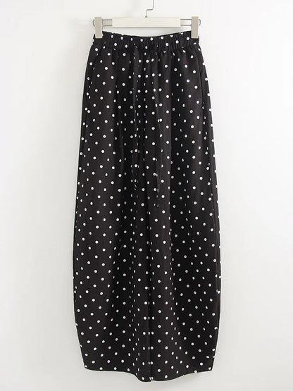 Black Polka Dot Linen Pants Women Wide Leg Summer Trousers Baggy For Ladies White Oversize Cotton Linen Pants Woman Wide