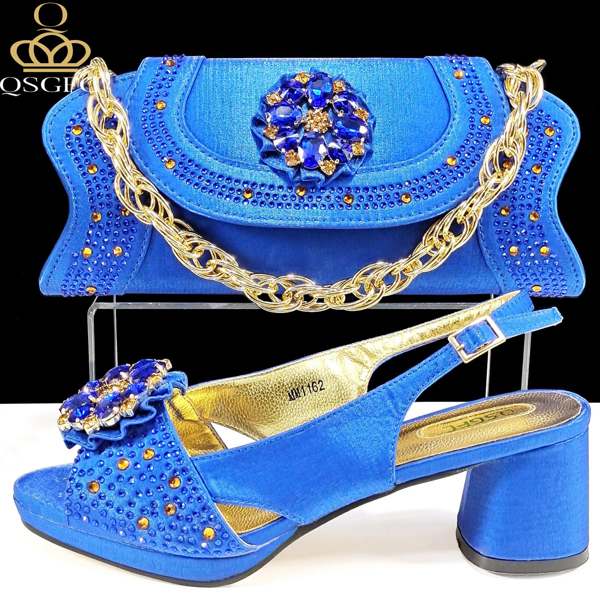 QSGFC Open Toe Women Heels for 2024 Elegant Party Olive Color Diamond Pumps Italian Shoes and Bags Matching Set