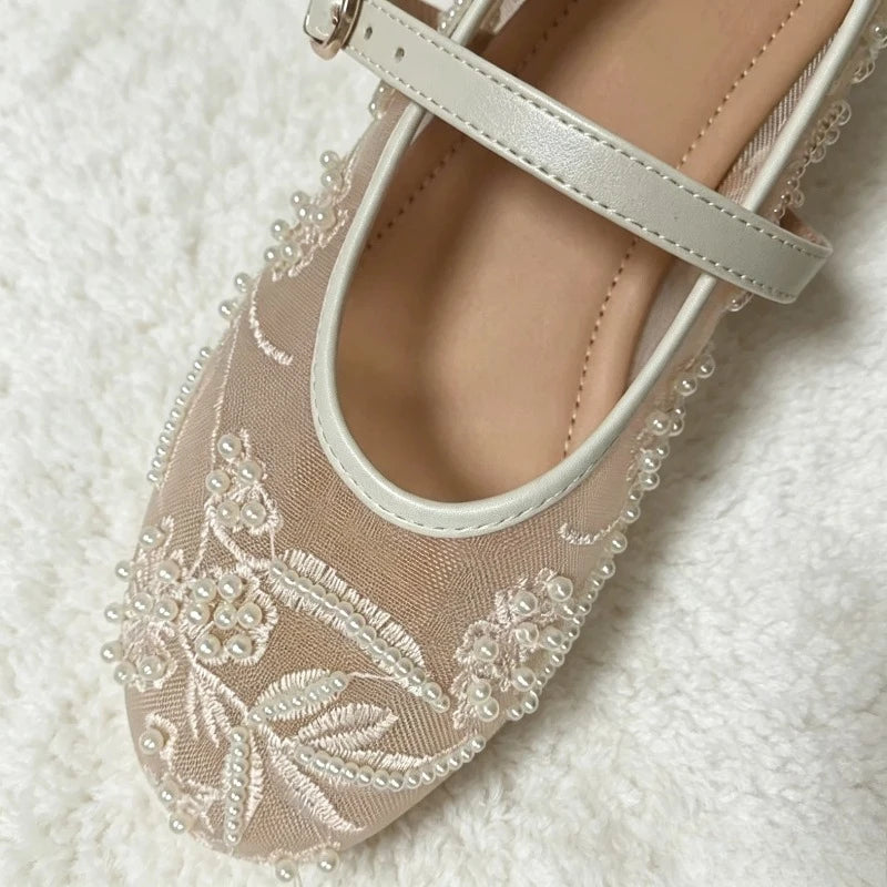 Mesh Embroidery String Bead Brand Women Ballet Flats Fashion Buckle Breathable Mary Jane Shoe Comfort Low Heel Soft Flat Sandals