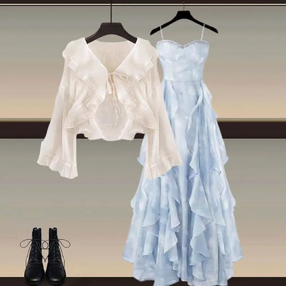 Women's Summer New Elegant Chiffon Sunscreen Shirt+Strap Skirt Two piece Suit 2026 Lady Korean Fashion Sexy Dress Matching Set