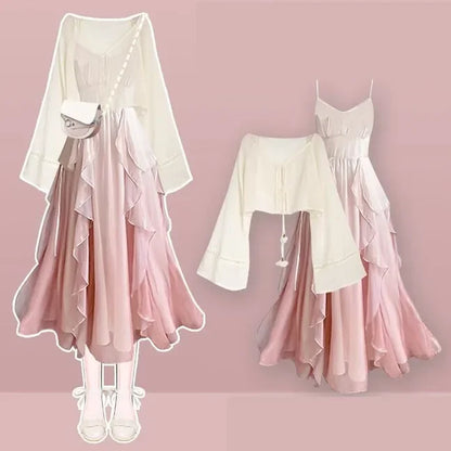 Women's Summer New Elegant Chiffon Sunscreen Shirt+Strap Skirt Two piece Suit 2026 Lady Korean Fashion Sexy Dress Matching Set
