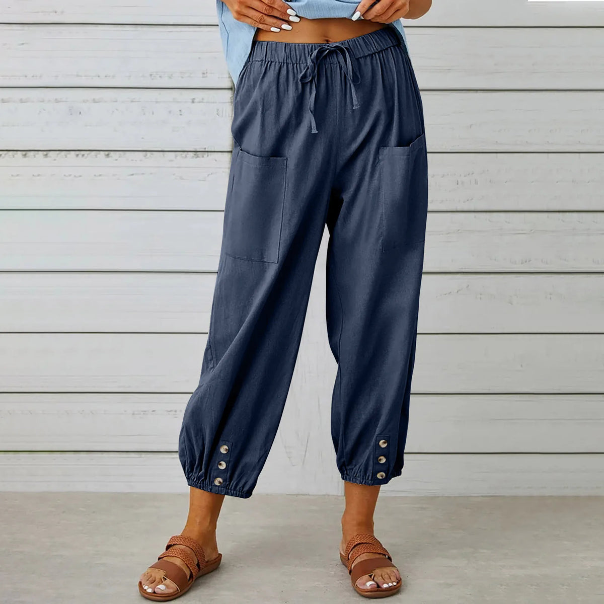 2024 New loose fitting high waisted button cotton and linen pants from Europe and America cropped pants wide leg women's pants