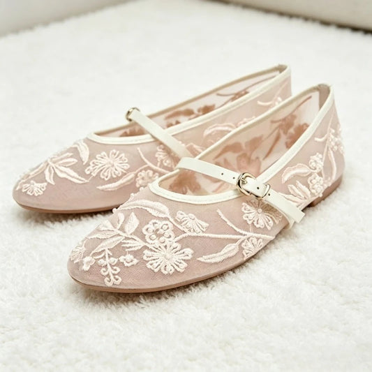 Mesh Embroidery String Bead Brand Women Ballet Flats Fashion Buckle Breathable Mary Jane Shoe Comfort Low Heel Soft Flat Sandals