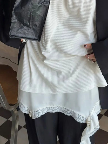 Sexy Women's Satin Sleeveless Bodysuit White Lace Hem Skirts 2025 Matching Set Chic Bodycon Deep V Open Back Top Female Outfit