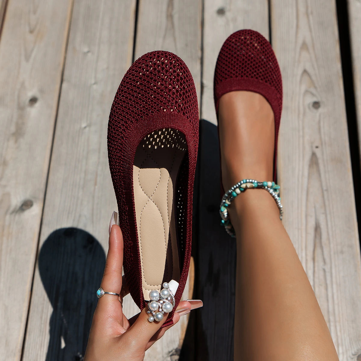 Women Round Toe Flat Shoes Solid Color Knitted Slip on Shoes Casual Breathable Ballet Flats Women Mesh Flat Shoes Loafers Woman