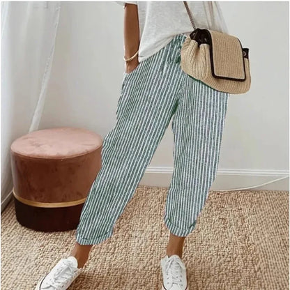 Women's Casual Striped Cotton Linen Pants Elastic Waist Loose Fit Cropped Trousers with Pockets Summer Beach Pants