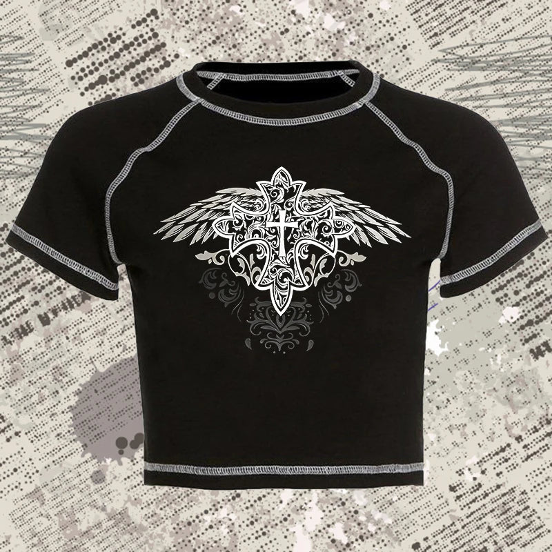 Y2k Streetwear Goth Harajuku T-shirt Fashion Vintage Aesthetic Versatile Crop Top Women Creative Comic Pattern Printing Baby Tee