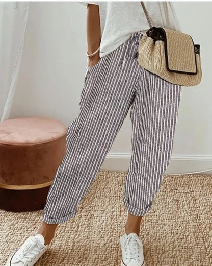 Women's Casual Striped Cotton Linen Pants Elastic Waist Loose Fit Cropped Trousers with Pockets Summer Beach Pants