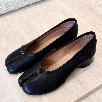 NEW Split Toe Tabi Shoes Size 43 Genuine Leather White Ballet Flats Women Low Heel Mary Janes Pumps Ballerinas Zapatos Mujer
