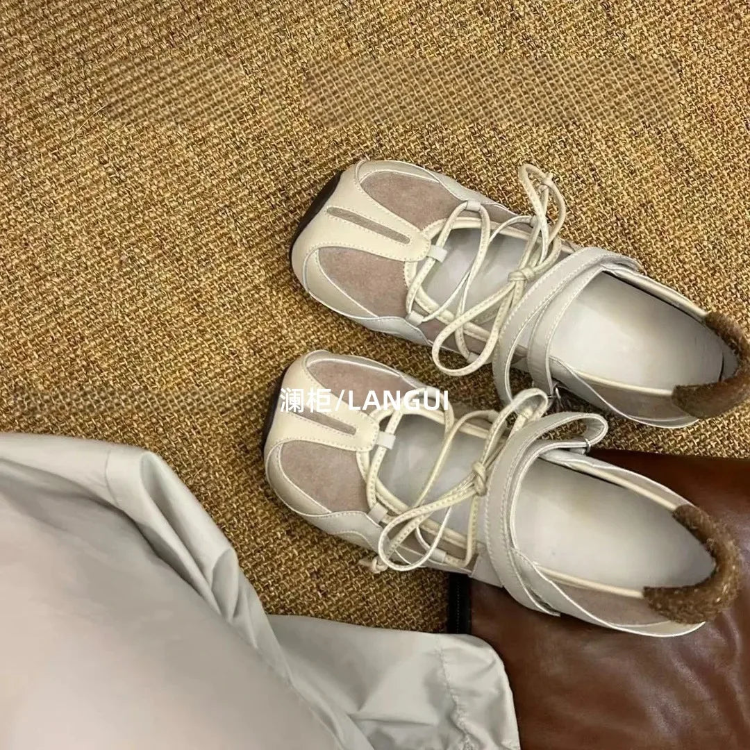 Women's ballet flats Fashion Korean ballet style lace-up retro casual shoes Comfortable lightweight ballet sneakers