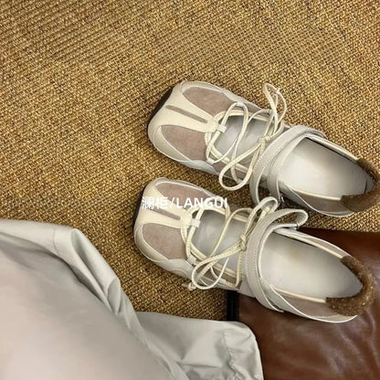Women's ballet flats Fashion Korean ballet style lace-up retro casual shoes Comfortable lightweight ballet sneakers